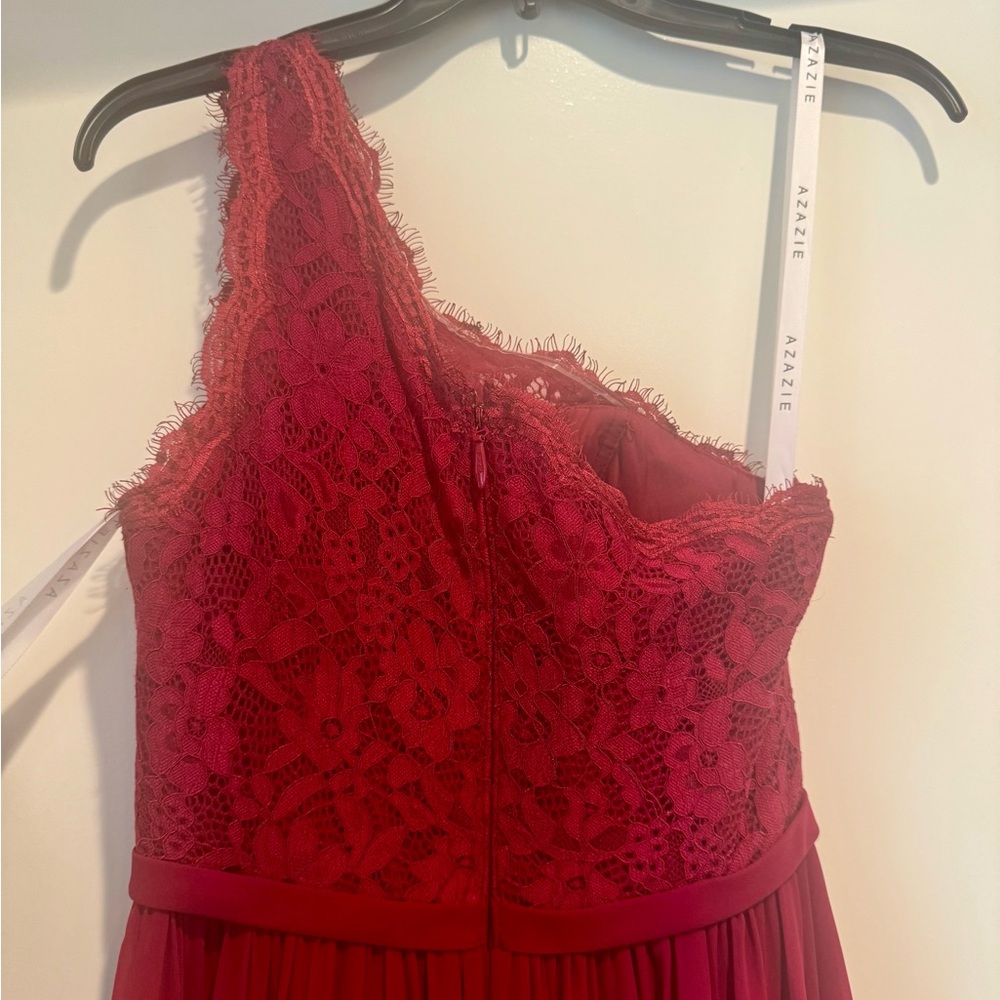 Azazie Demi Burgundy A-Line One Shoulder Chiffon Dress - Picture 7 of 9